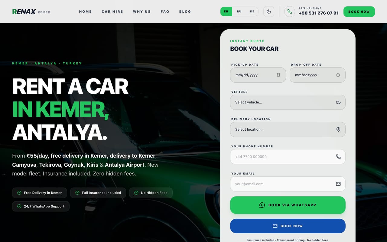 Kemer Car Rental (RENAX) web sitesi önizlemesi